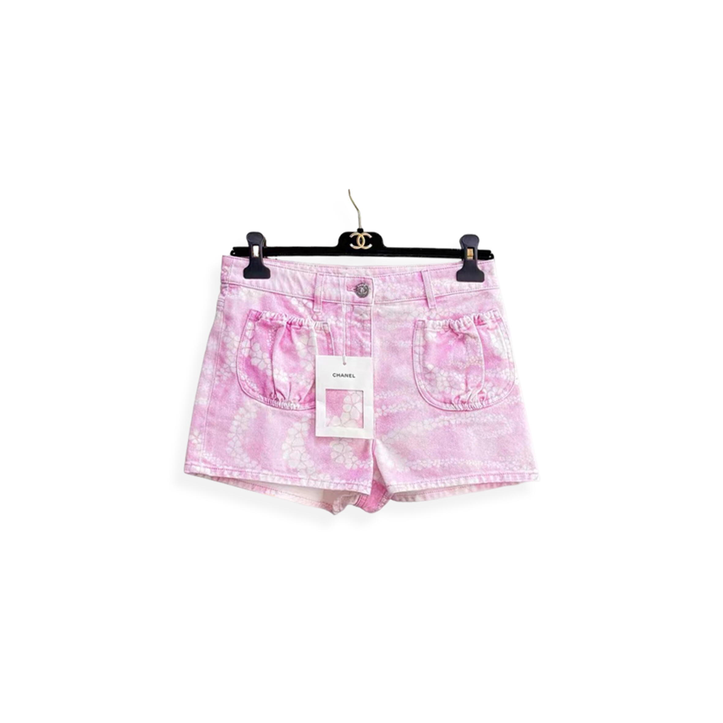 ch**el coco beach pink and white De*1m shorts with cc logo print